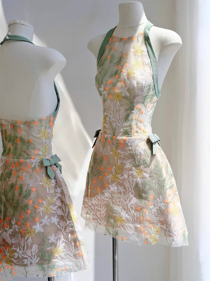 Vintage Fashion Floral Halter Dress Design A-line Party Dresses Homecoming Dresses, D1386