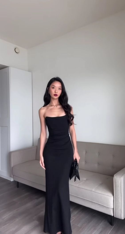 Elegant Black Strapless Mermaid Long Evening Party Dress MD7447