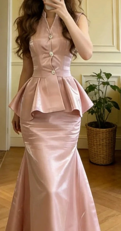 Pretty Prom Dress Pink Satin V-neck Mermaid Graduation Gala Gown Evening Dress Formal Outfits     D5100