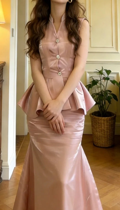 Pretty Prom Dress Pink Satin V-neck Mermaid Graduation Gala Gown Evening Dress Formal Outfits     D5100