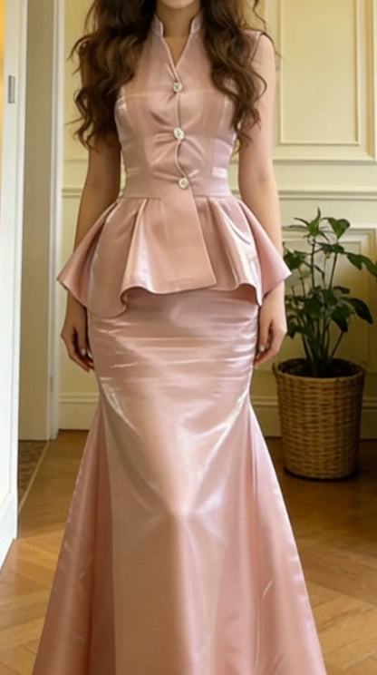 Pretty Prom Dress Pink Satin V-neck Mermaid Graduation Gala Gown Evening Dress Formal Outfits     D5100