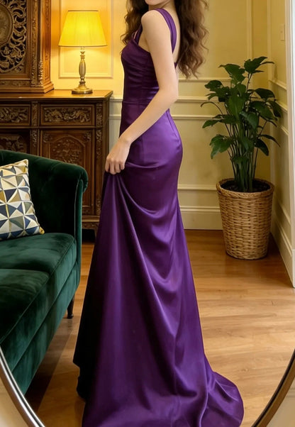 Elegant Prom Dress Purple Asymmetrical Neck Satin Formal Gala Gown Evening Dress Graduation Outfits     D5105
