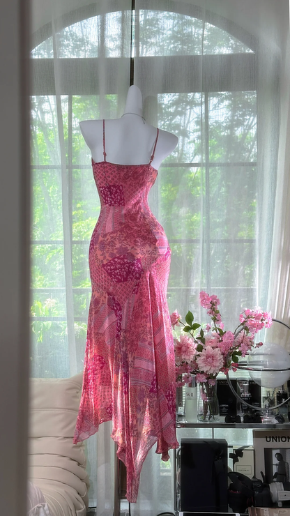 Retro Pink V-neck Floral Elegant Chiffon Evening Dress Prom Dresses D1612