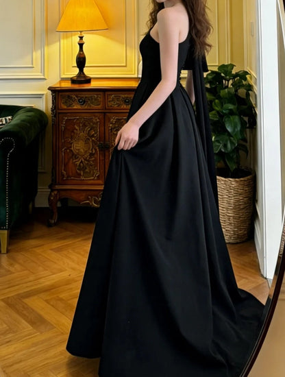 Elegant Prom Dress Black A Line One Shoulder Gala Gown Formal Evening Dress Graduation Outfits     D5113