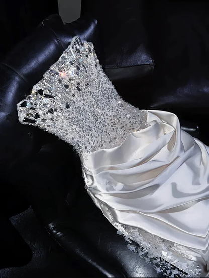 Ivory Beaded Long Prom Dress Sexy Evening Party Gown Birthday Dress