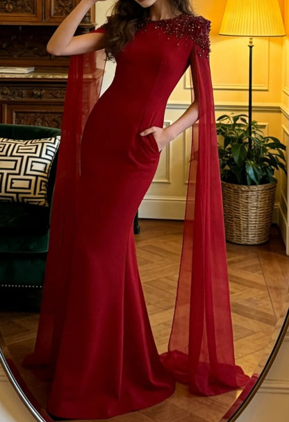 Charming Prom Dress Red Crew Neck Mermaid Gala Gown Evening Dress Formal Outfits     D5122