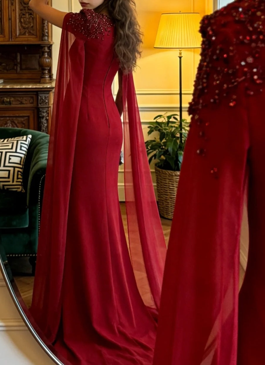 Charming Prom Dress Red Crew Neck Mermaid Gala Gown Evening Dress Formal Outfits     D5122