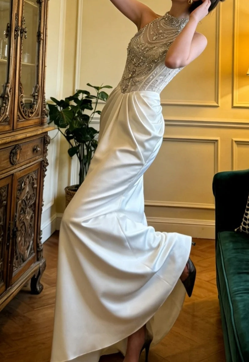 Gorgeous Prom Dress Crew Neck Beading Pleated Birthday Party Outfits Gala Gown Evening Dress      D5124