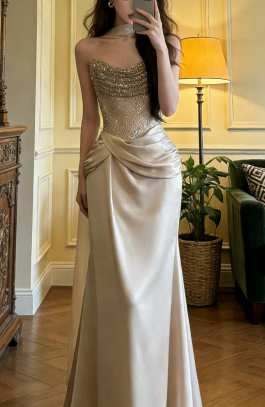 Shiny Prom Dress Strapless Pleated Formal Gala Gown Evening Dress Party Outfits     D5125