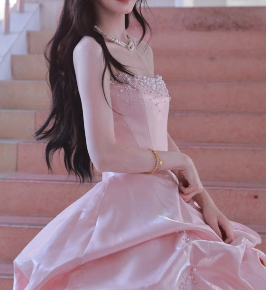 Pretty Ball Gown Light Pink Strapless Beading Pleated Evening Dress Quinceanera Dress 18th Birthday Prom Gown       D5136