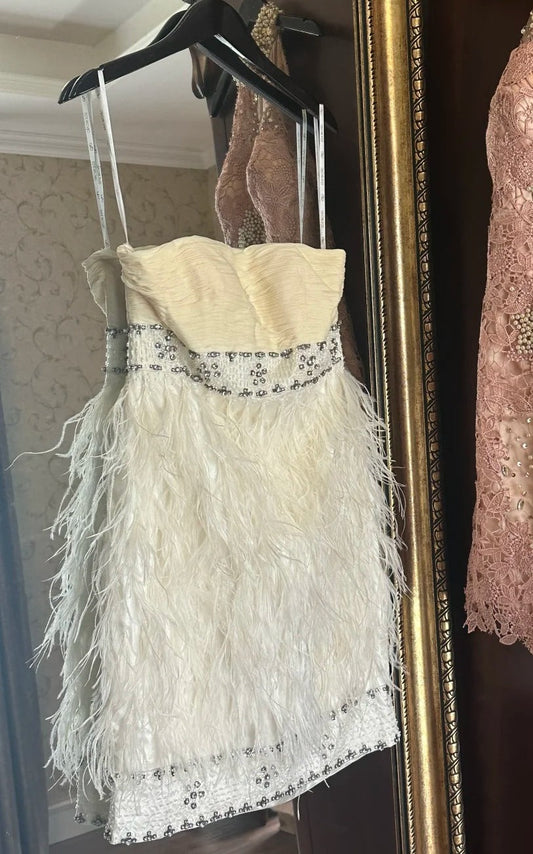 Charming Homecoming Dress Strapless Feather Short Prom Dress Back to School Outfits Graduation Dress  D5145
