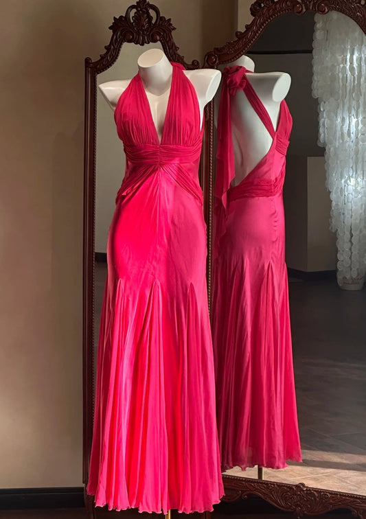 Pretty Prom Dress Hot Pink Halter Backless Mermaid Gala Gown Evening Dress Birthday Party Outfits     D5150