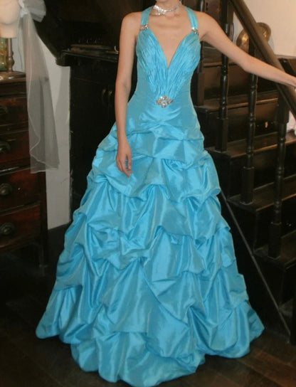 Pretty Prom Dress A Line V-neck Pleated Gala Gown Evening Dress Birthday Party Outfits     D5160