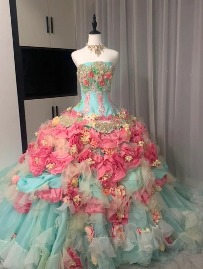 Colorful Ball Gown Strapless Floral Evening Dress Quinceanera Dress 18th Birthday Prom Gown       D5162