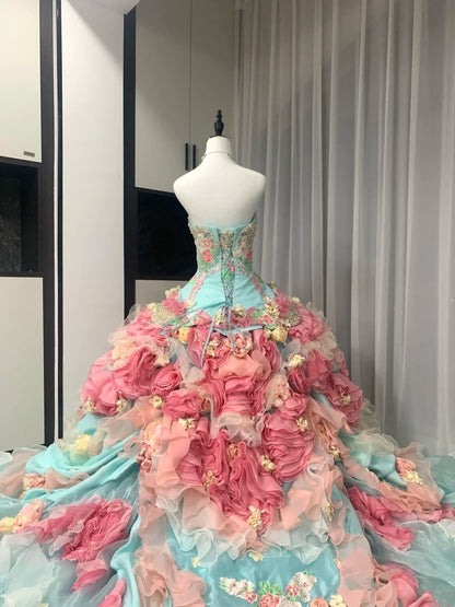 Colorful Ball Gown Strapless Floral Evening Dress Quinceanera Dress 18th Birthday Prom Gown       D5162