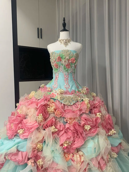 Colorful Ball Gown Strapless Floral Evening Dress Quinceanera Dress 18th Birthday Prom Gown       D5162