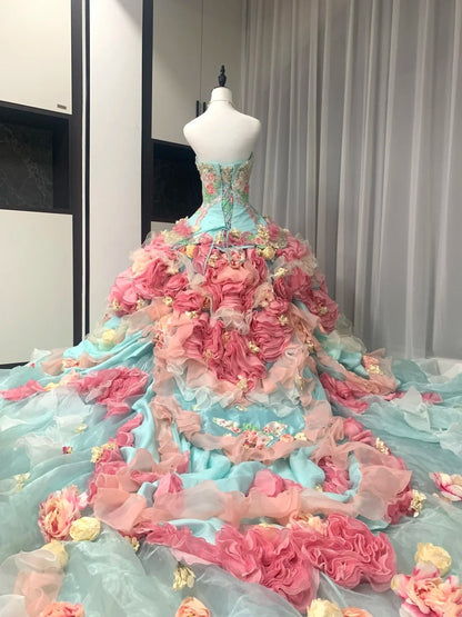 Colorful Ball Gown Strapless Floral Evening Dress Quinceanera Dress 18th Birthday Prom Gown       D5162