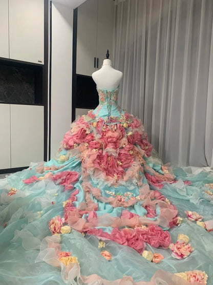 Colorful Ball Gown Strapless Floral Evening Dress Quinceanera Dress 18th Birthday Prom Gown       D5162