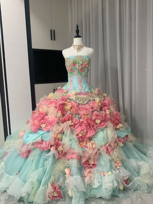 Colorful Ball Gown Strapless Floral Evening Dress Quinceanera Dress 18th Birthday Prom Gown       D5162