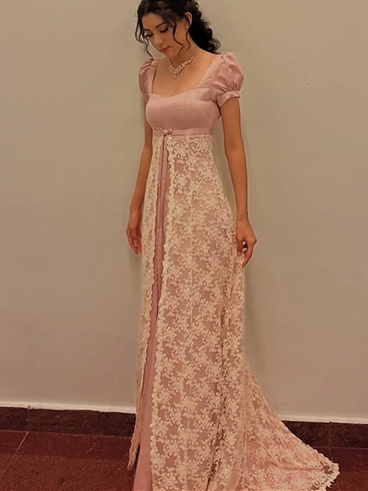 Pink Satin and Lace A-line Short Sleeves Long Prom Dress, Pink A-line Formal Dress