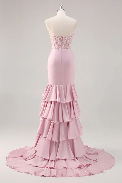 Blush Mermaid Strapless Corset Tiered Long Prom Dress with Slit Graduation Dresses DP525