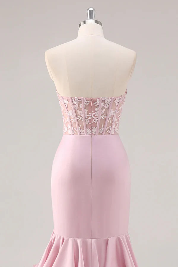 Blush Mermaid Strapless Corset Tiered Long Prom Dress with Slit Graduation Dresses DP525