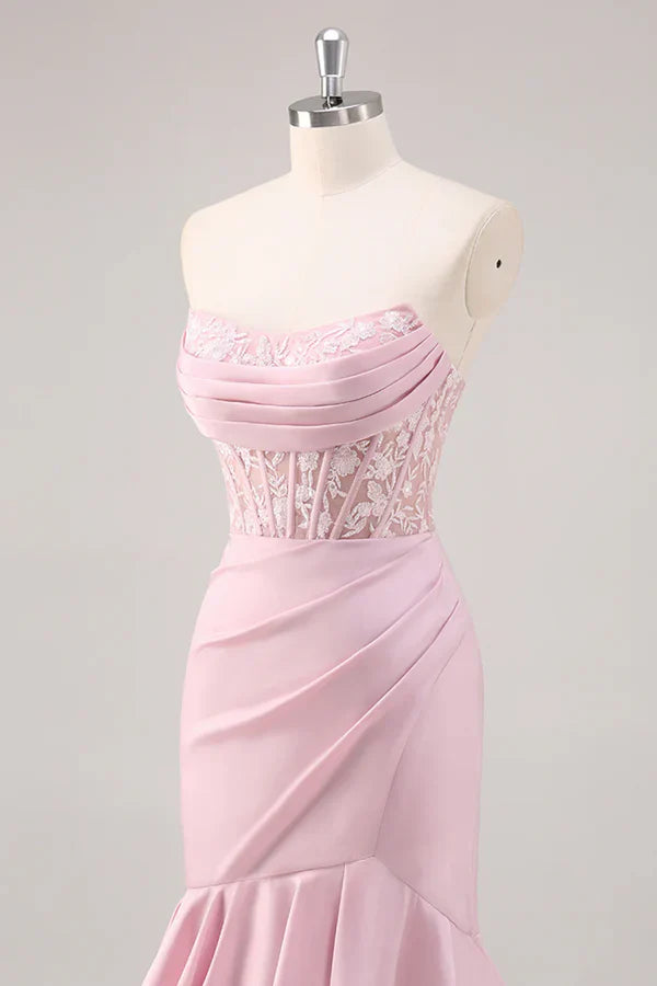 Blush Mermaid Strapless Corset Tiered Long Prom Dress with Slit Graduation Dresses DP525