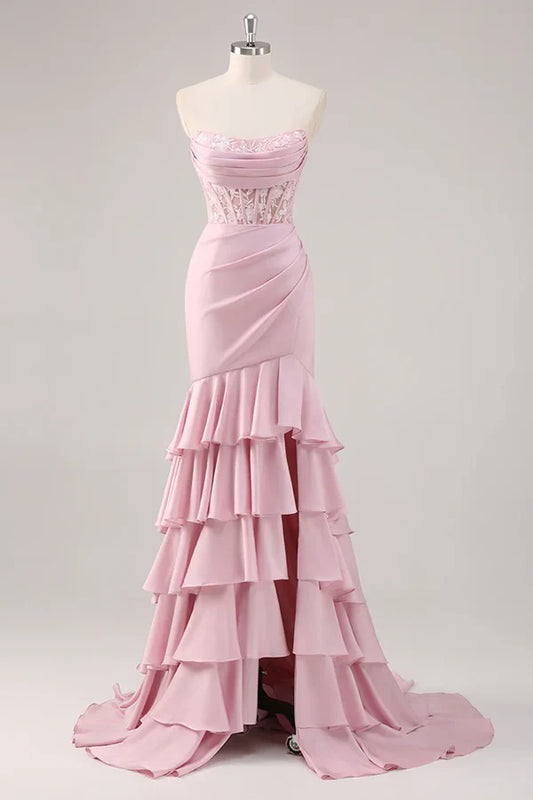 Blush Mermaid Strapless Corset Tiered Long Prom Dress with Slit Graduation Dresses DP525