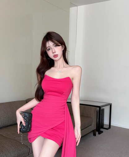 One-shoulder tube top dress niche design ribbon slim hip-hugging small gift skirt R0560