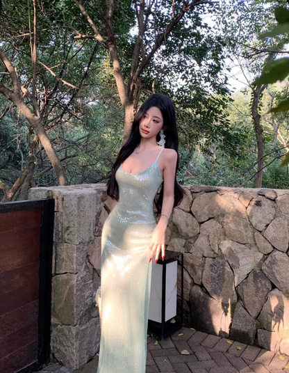 Seaside holiday style sexy backless suspender dress royal sister socialite high-end wear sequin dress R0482