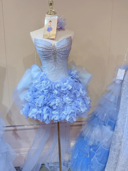 Light blue tube top with diamonds sexy waist slimming puffy skirt short skirt homecoming dress R4167