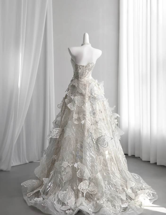 Glitter Strapless Tulle Sequin Beaded Long Birthday Prom Dress Party Dress With 3D Butterflies SP1513