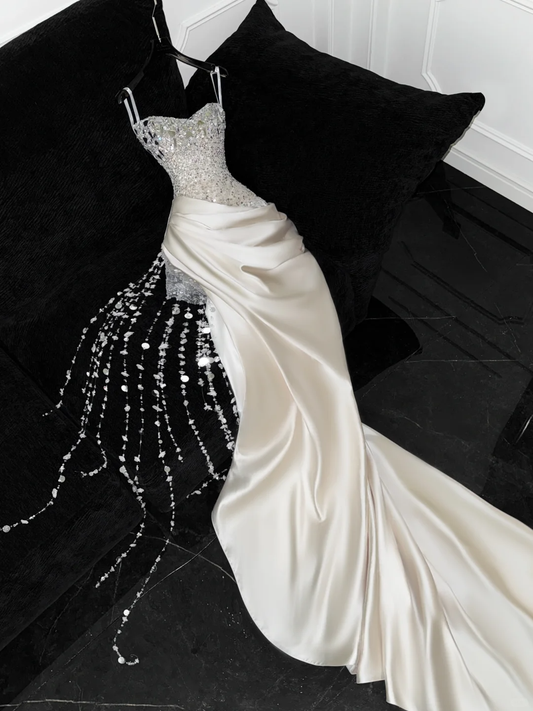Stunning Strapless Sheath Satin Beaded Long Evening Party Dress Birthday Outfits, D980