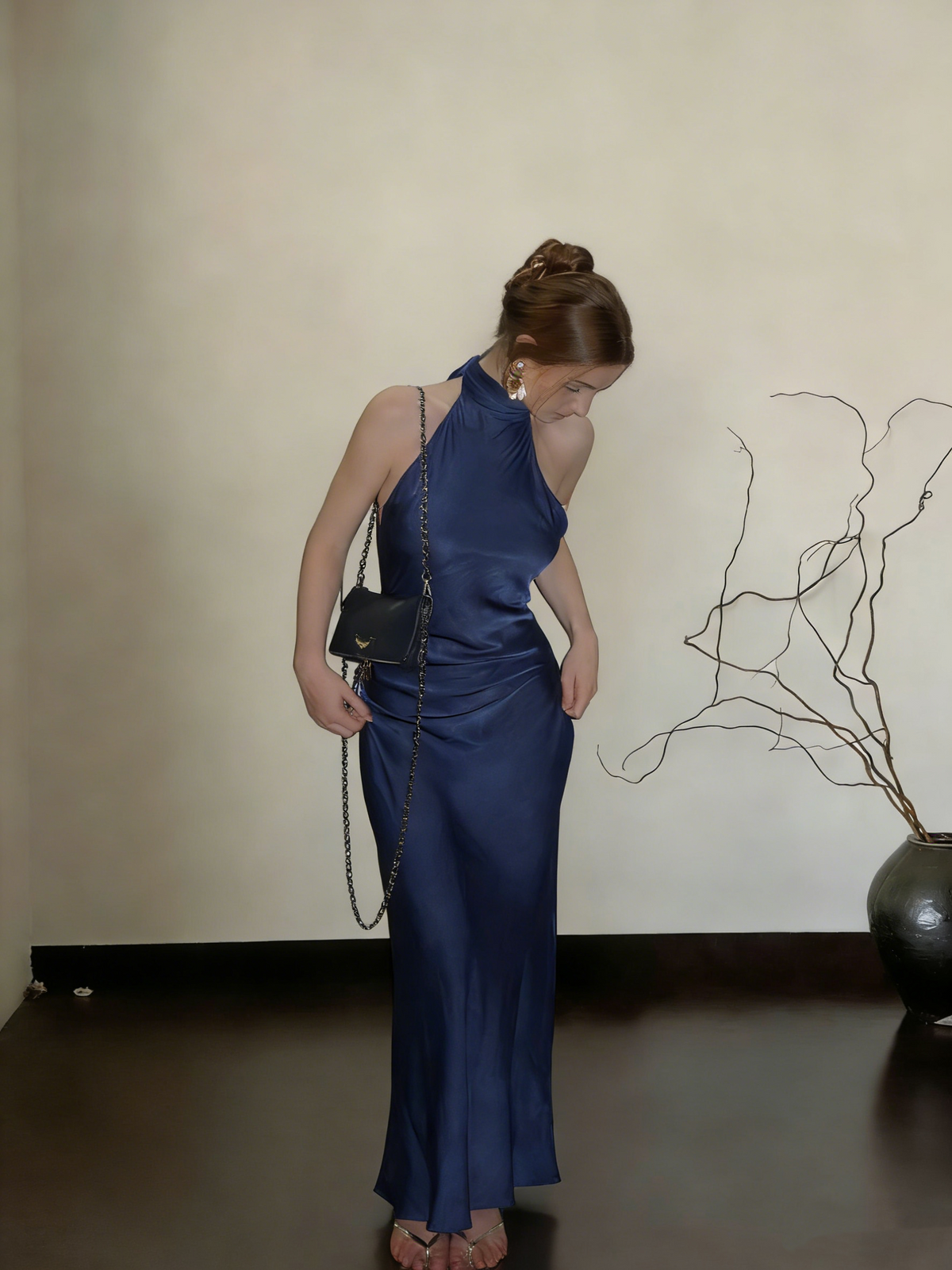 Sexy Sleeveless Navy Blue Satin Mermaid Long Party Dress Birthday Prom Gown SP1534