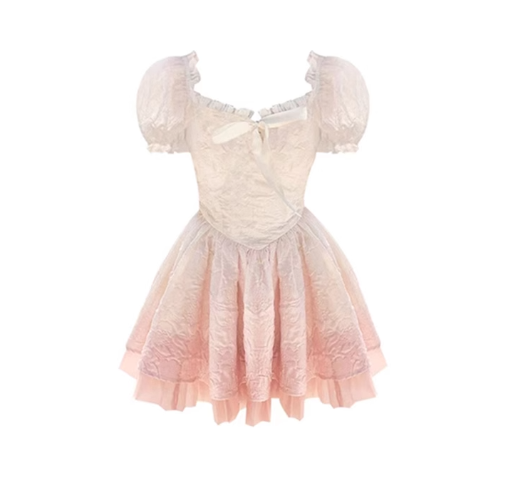 Summer new style white sweet gradient pink princess dress waist slimming fluffy skirt R0157