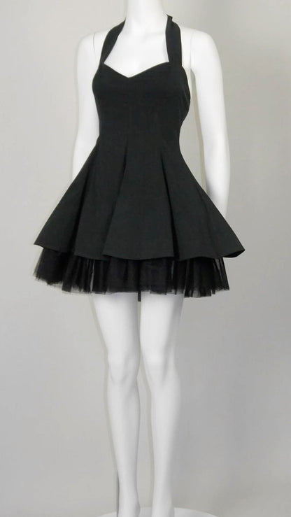 Black halter neck waist A-line princess skirt homecoming dress R3548