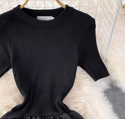 New round neck knitted waist slimming A-line jacquard dress elegant temperament long skirt R0362