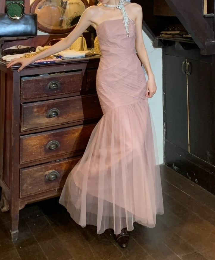 Pretty Prom Dress Strapless Pleated Tulle Mermaid Gala Gown Formal Evening Dress 18th Graduation Dress    D5215