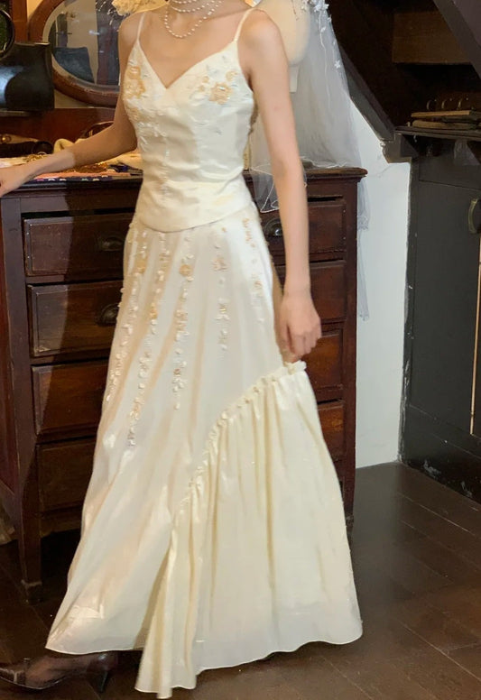Elegant 90s Wedding Dress Spaghetti Straps Floral Pleated Wedding Dress  D5219