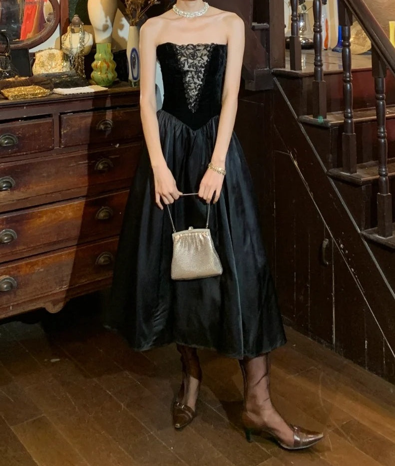 Retro 90s Prom Dress Black A Line Strapless Gala Gown Formal Evening Dress 18th Birthday Party Dress    D5223