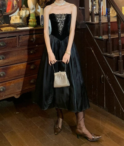 Retro 90s Prom Dress Black A Line Strapless Gala Gown Formal Evening Dress 18th Birthday Party Dress    D5223