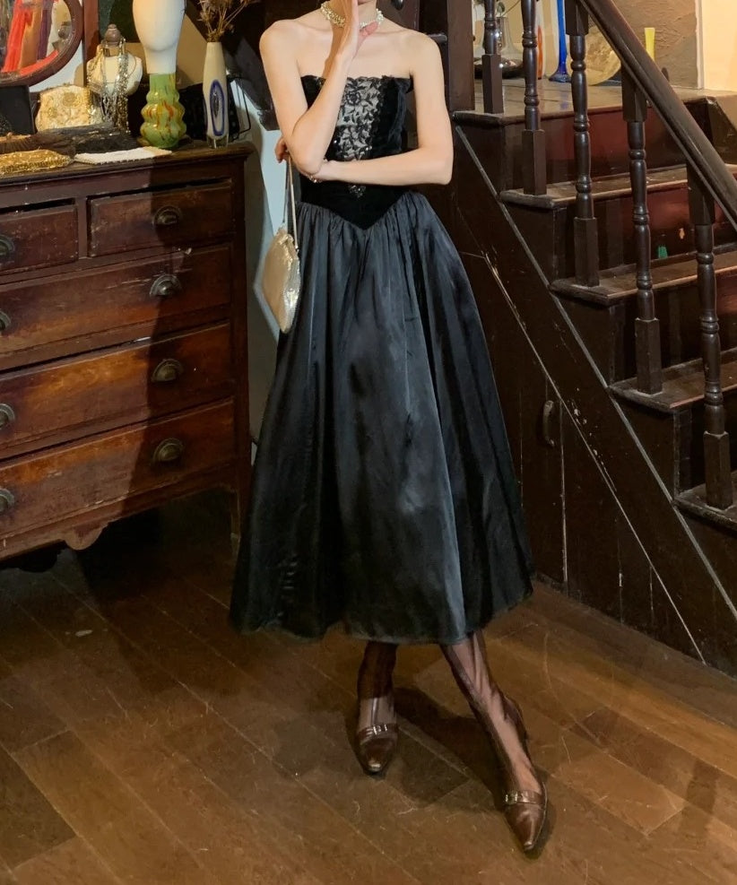 Retro 90s Prom Dress Black A Line Strapless Gala Gown Formal Evening Dress 18th Birthday Party Dress    D5223