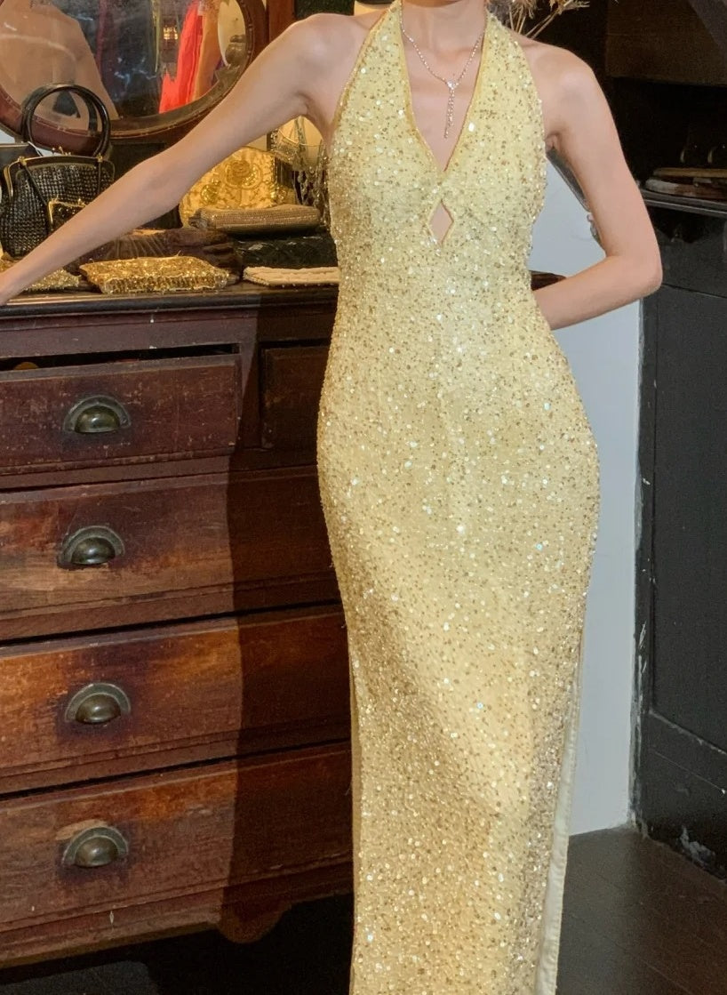 Shiny 90s Prom Dress Light Yellow V-neck Slit Gala Gown Formal Evening Dress 18th Birthday Party Dress    D5224