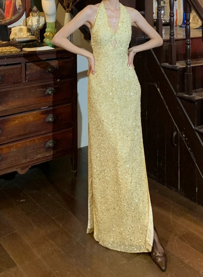 Shiny 90s Prom Dress Light Yellow V-neck Slit Gala Gown Formal Evening Dress 18th Birthday Party Dress    D5224