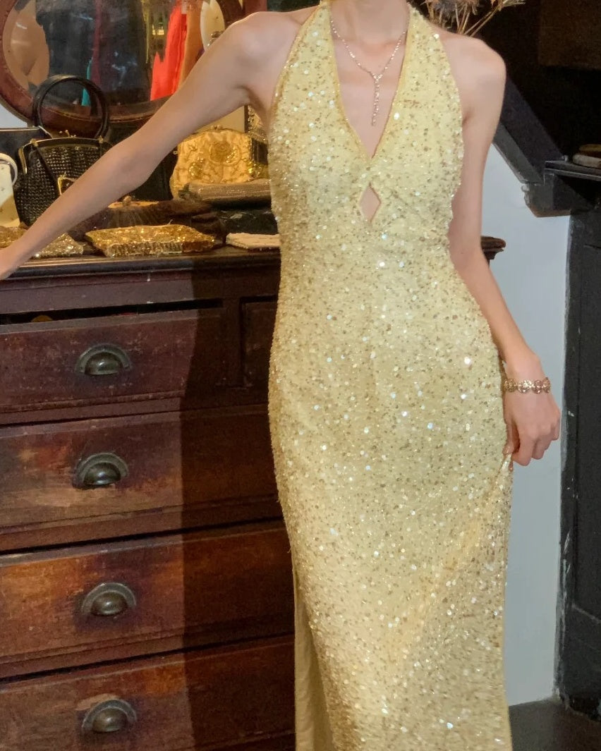 Shiny 90s Prom Dress Light Yellow V-neck Slit Gala Gown Formal Evening Dress 18th Birthday Party Dress    D5224