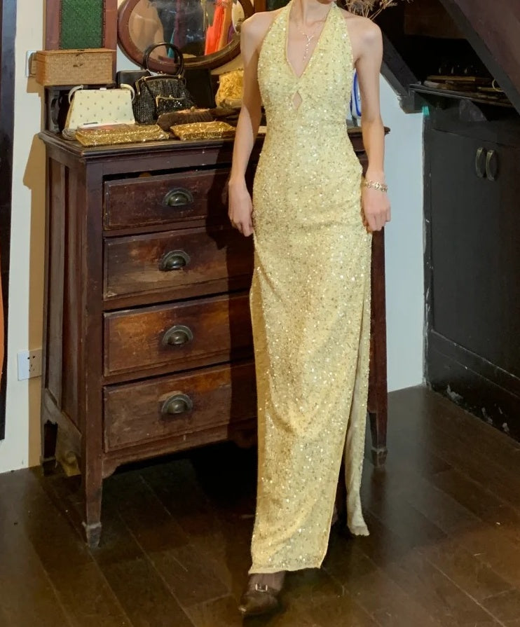 Shiny 90s Prom Dress Light Yellow V-neck Slit Gala Gown Formal Evening Dress 18th Birthday Party Dress    D5224