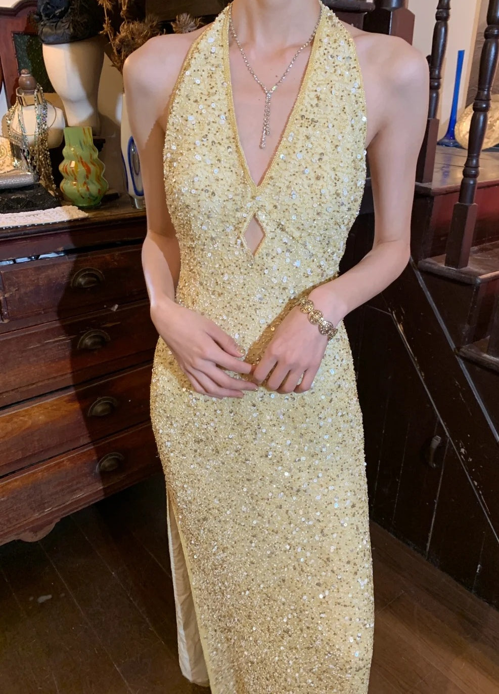 Shiny 90s Prom Dress Light Yellow V-neck Slit Gala Gown Formal Evening Dress 18th Birthday Party Dress    D5224