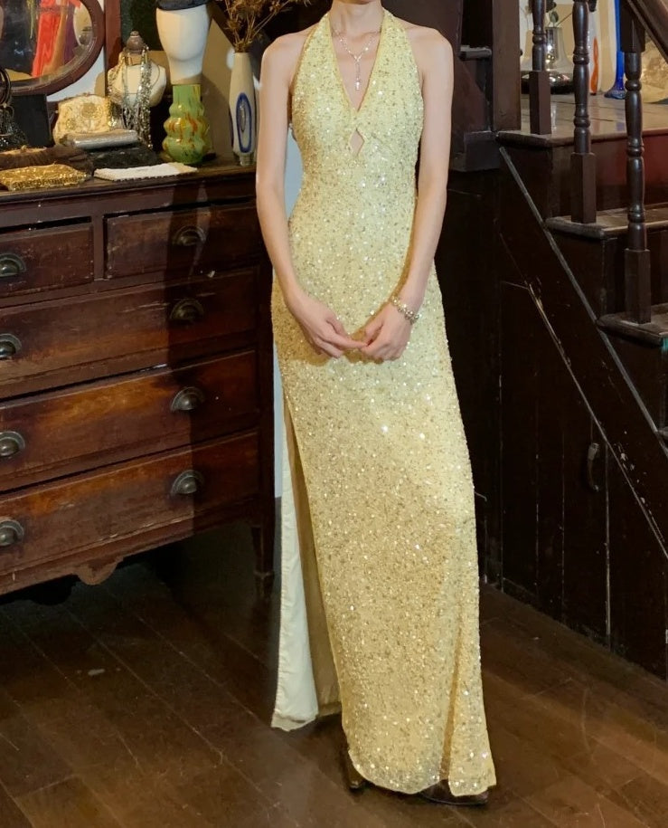 Shiny 90s Prom Dress Light Yellow V-neck Slit Gala Gown Formal Evening Dress 18th Birthday Party Dress    D5224