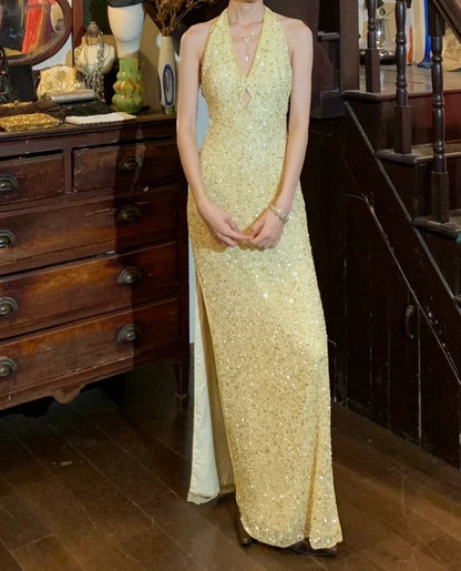 Shiny 90s Prom Dress Light Yellow V-neck Slit Gala Gown Formal Evening Dress 18th Birthday Party Dress    D5224