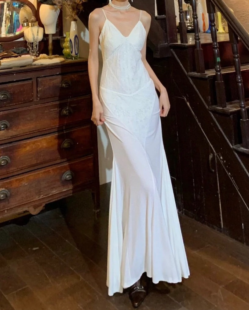 Retro 90s Prom Dress White Spaghetti Straps Mermaid Gala Gown Formal Evening Dress 18th Birthday Party Dress    D5228